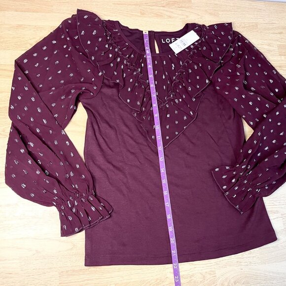NWT LOFT Shimmer Ruffle Yoke Top Burgundy - Picture 6 of 7